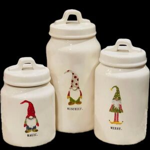 Rae Dunn MAGIC, MISCHIEF and MERRY Holiday Gnome Ceramic Canister Set